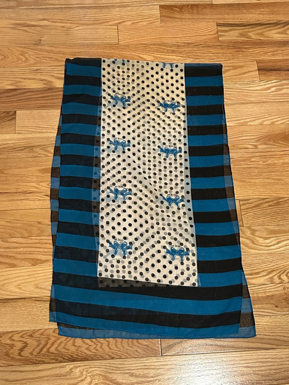 Betsey Johnson Black Polka Dot Scarf with Blue Bow Accent